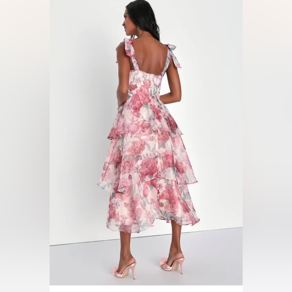 Lulu’s floral organza tie strap midi dress